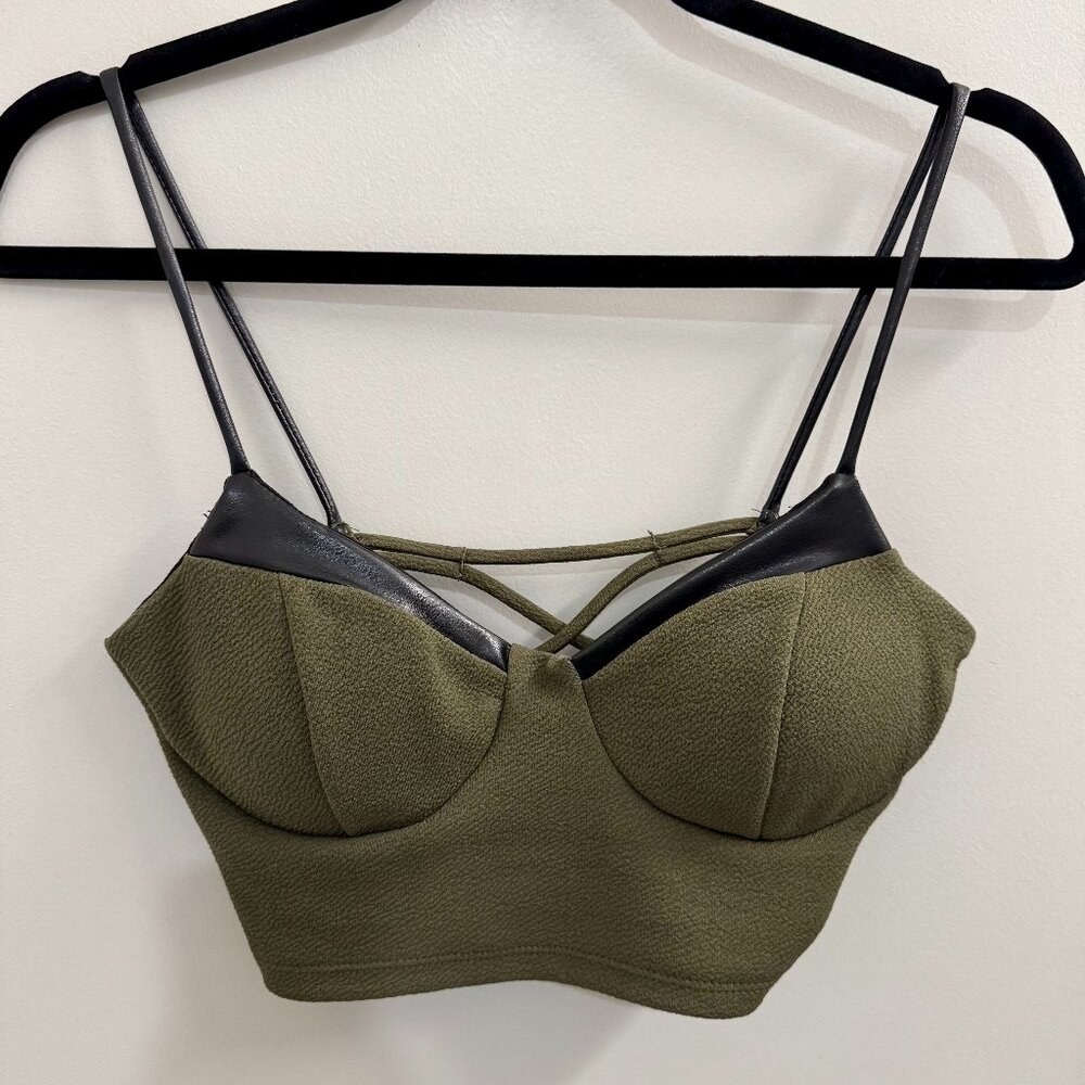 Size Small Women's Charlotte Russe Green Leather Strap Criss Cross Back Crop Top